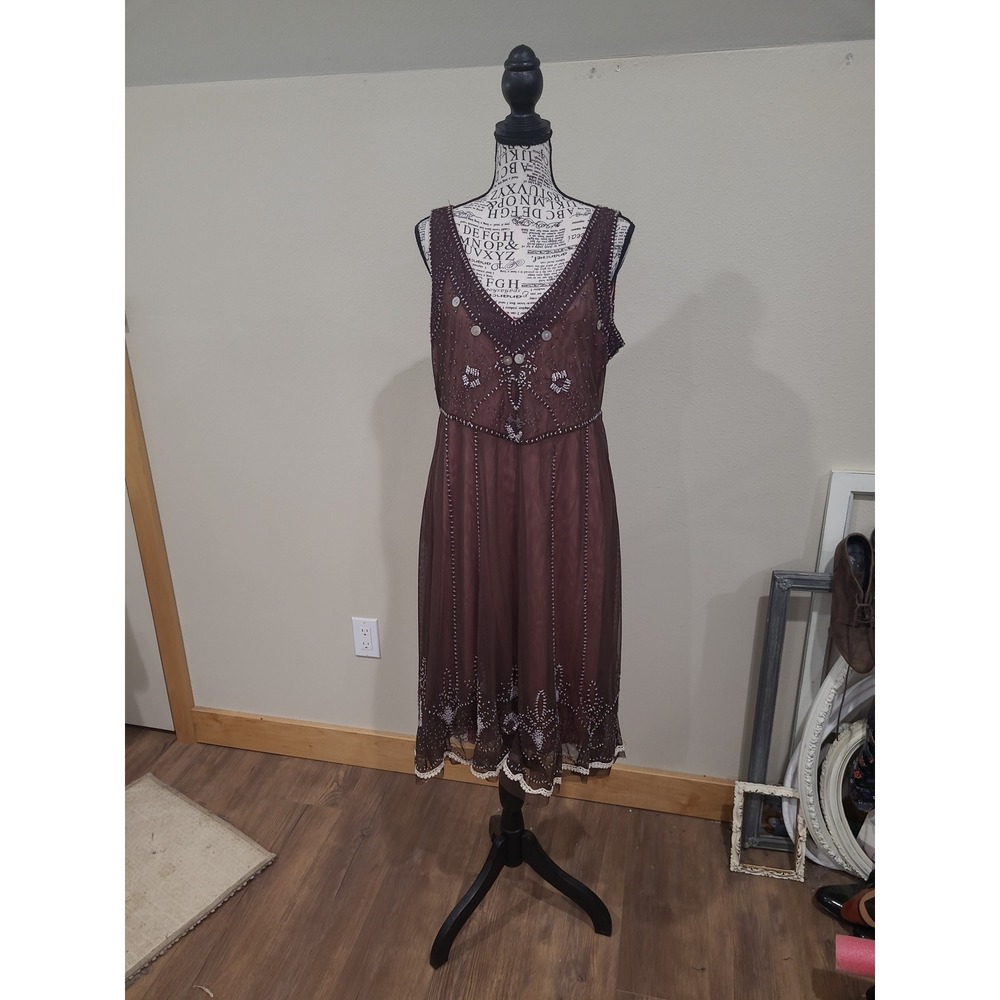 ECI New York Beaded mesh Dress Women SZ 12 Brown Cocktail wedding guest FLAWED